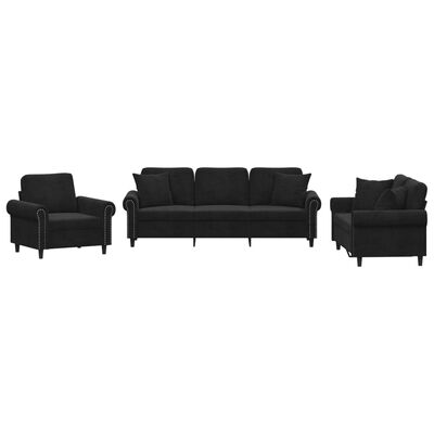 vidaXL 3-dijelni set sofa s jastucima crni baršunasti