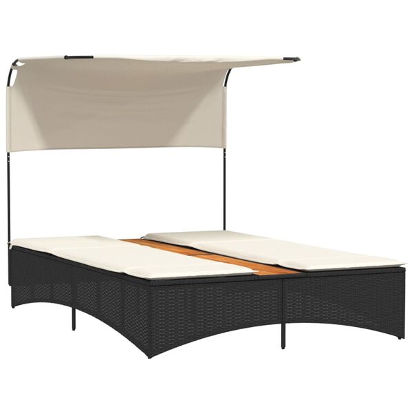 vidaXL Dupla ležaljka za sunčanje s krovom i jastucima crna poliratan