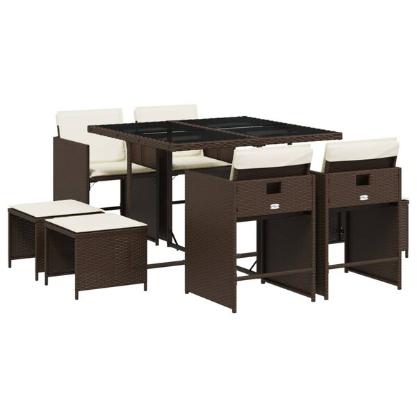 vidaXL 9-dijelni vrtni blagovaonski set s jastucima poliratan smeđi