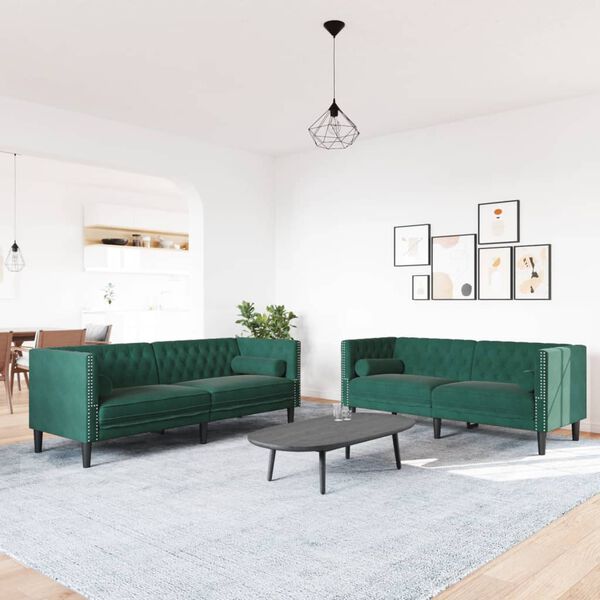 vidaXL 2-dijelni set sofa Chesterfield tamnozeleni bar&scaron;unasti