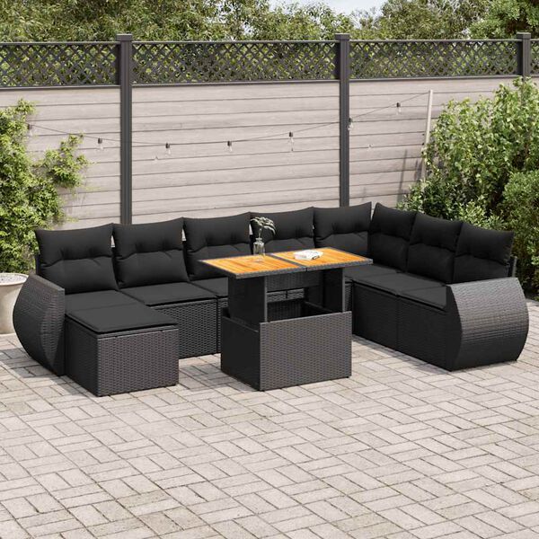 vidaXL 9-dijelni set vrtnih sofa s jastucima crni od poliratana