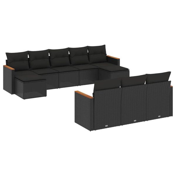 vidaXL 10-dijelni set vrtnih sofa s jastucima crni od poliratana