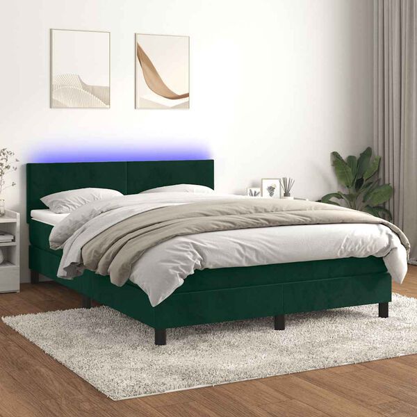 vidaXL Krevet box spring s madracem LED tamnozeleni 140x190 cm bar&scaron;un