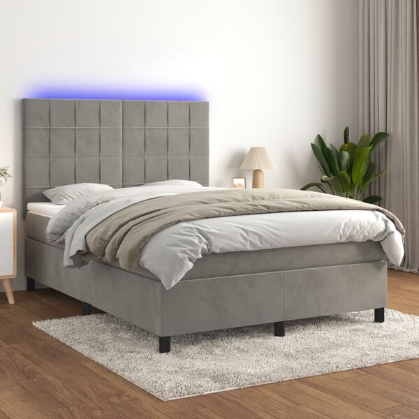 vidaXL Krevet box spring s madracem LED svjetlosivi 140x200 cm bar&scaron;un