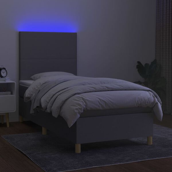 vidaXL Krevet box spring s madracem LED svjetlosivi 90x200 cm tkanina