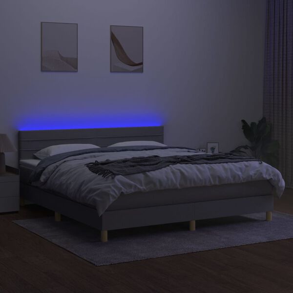 vidaXL Krevet box spring s madracem LED svjetlosivi 160x200 cm tkanina