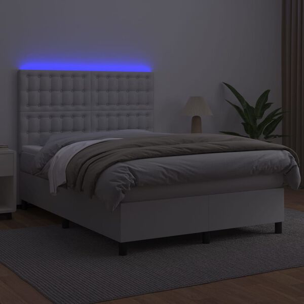 vidaXL Krevet box spring s madracem LED bijeli 140x190 cm umjetna koža