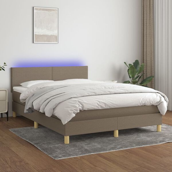 vidaXL Krevet box spring s madracem LED smeđesivi 140x190 cm tkanina