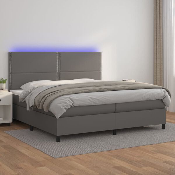 vidaXL Krevet box spring s madracem LED sivi 200x200cm od umjetne kože