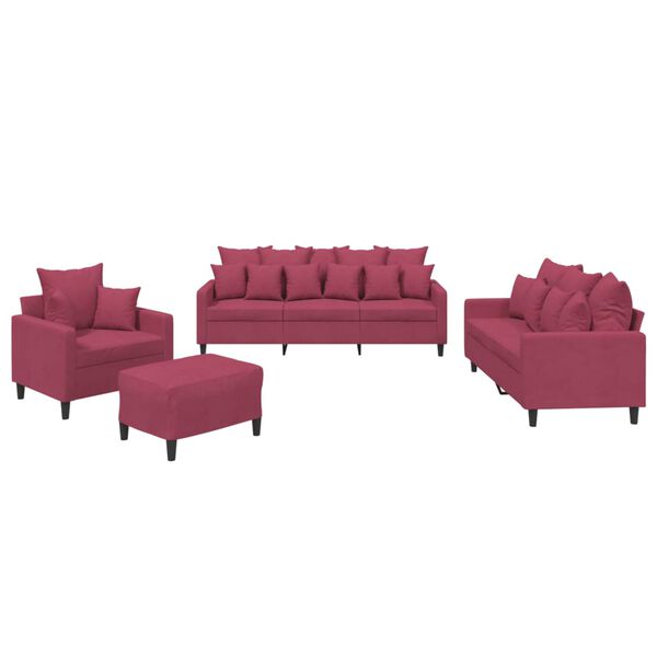 vidaXL 4-dijelni set sofa s jastucima crvena boja vina bar&scaron;unasti