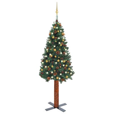 vidaXL Tanko osvijetljeno božićno drvce s kuglicama zeleno 210 cm