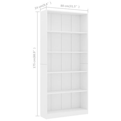 vidaXL Ormarić za knjige s 5 razina bijeli 80 x 24 x 175 cm drveni