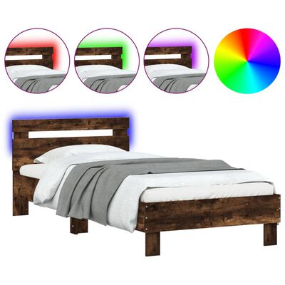 vidaXL Okvir za krevet s uzglavljem i LED svjetlima boja hrasta