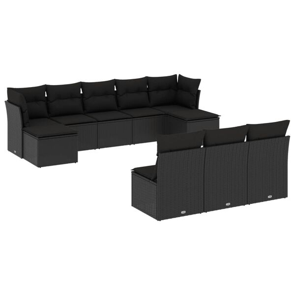 vidaXL 10-dijelni set vrtnih sofa s jastucima crni od poliratana