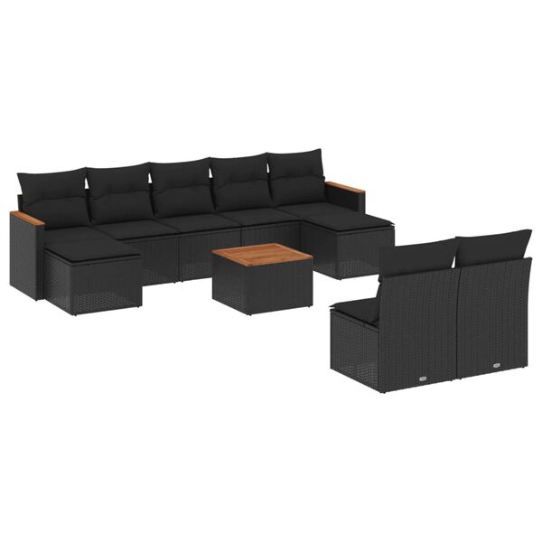 vidaXL 10-dijelni set vrtnih sofa s jastucima crni od poliratana