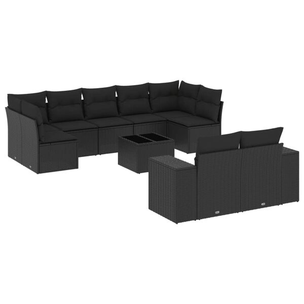vidaXL 10-dijelni set vrtnih sofa s jastucima crni od poliratana