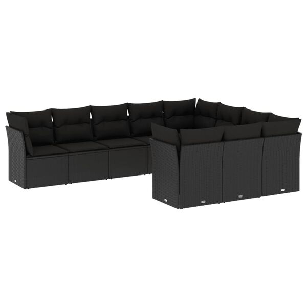 vidaXL 10-dijelni set vrtnih sofa s jastucima crni od poliratana