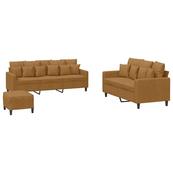 vidaXL 3-dijelni set sofa s jastucima smeđi baršunasti