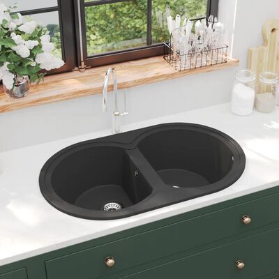 vidaXL Kuhinjski sudoper s dvije kadice ovalni crni granitni
