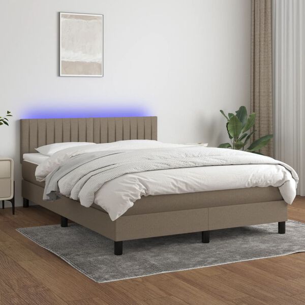 vidaXL Krevet box spring s madracem LED smeđesivi 140x200 cm tkanina