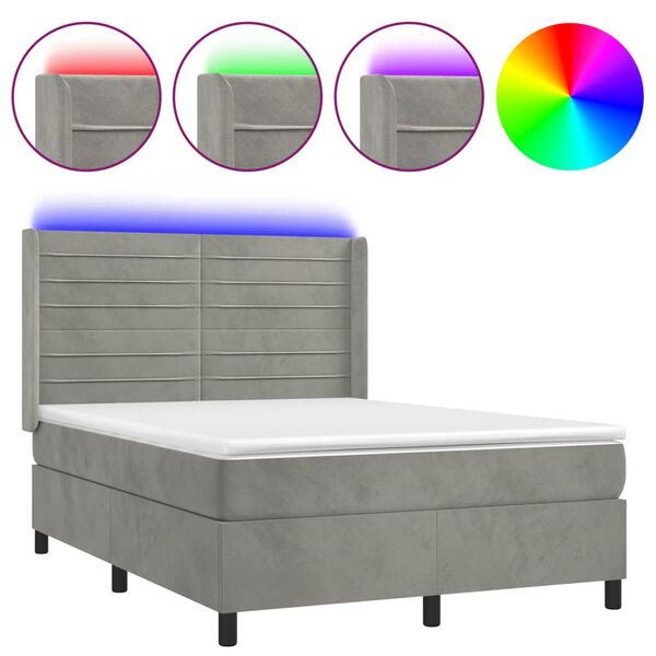vidaXL Krevet box spring s madracem LED svjetlosivi 140x190 cm bar&scaron;un