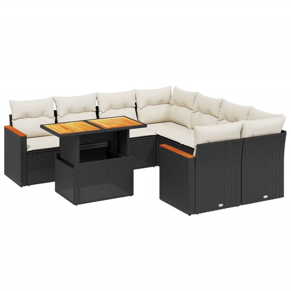 vidaXL 9-dijelni set vrtnih sofa s jastucima crni od poliratana