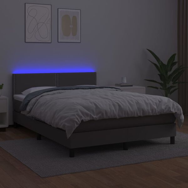 vidaXL Krevet box spring s madracem LED sivi 140x200cm od umjetne kože