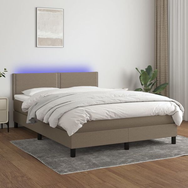vidaXL Krevet box spring s madracem LED smeđesivi 140x200 cm tkanina