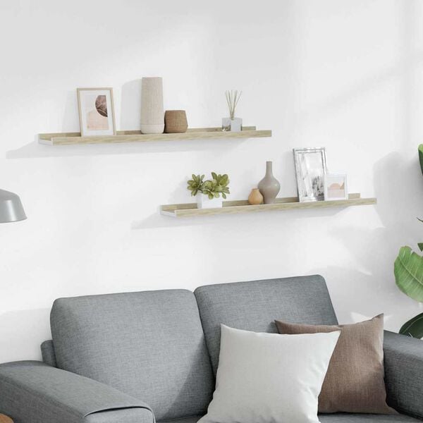 vidaXL Zidne police 2 kom bijele i boja hrasta sonome 80 x 9 x 3 cm
