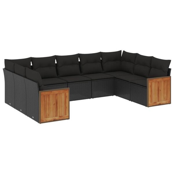 vidaXL 9-dijelni set vrtnih sofa s jastucima crni od poliratana