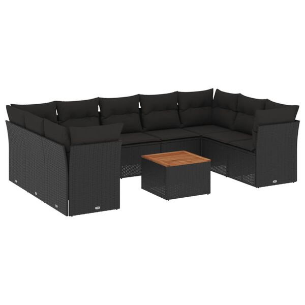 vidaXL 10-dijelni set vrtnih sofa s jastucima crni od poliratana