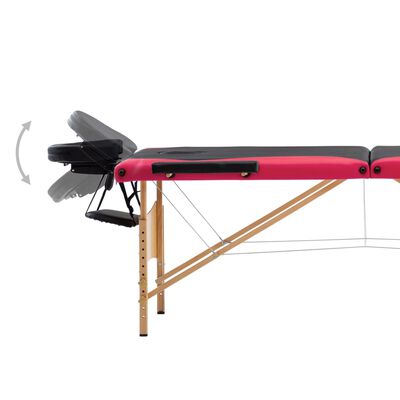 vidaXL Sklopivi stol za masažu s 3 zone drveni crno-ružičasti