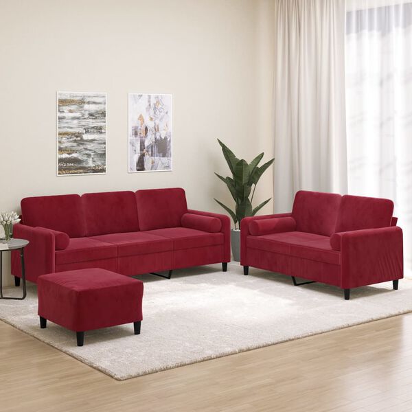 vidaXL 3-dijelni set sofa s jastucima crvena boja vina bar&scaron;unasti