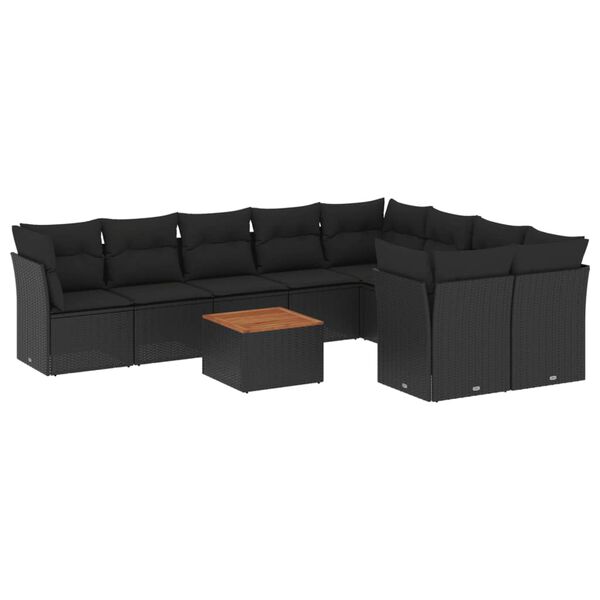 vidaXL 10-dijelni set vrtnih sofa s jastucima crni od poliratana