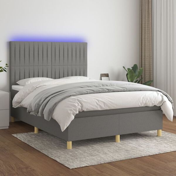 vidaXL Krevet box spring s madracem LED tamnosivi 140x190 cm tkanina