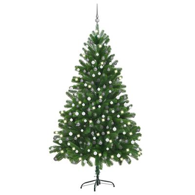 vidaXL Umjetno osvijetljeno božićno drvce s kuglicama 210 cm zeleno