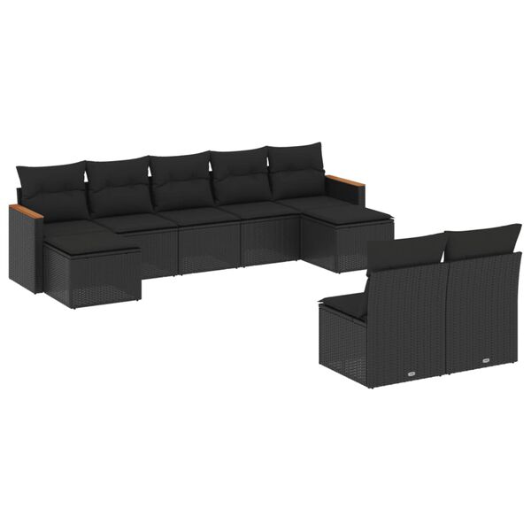 vidaXL 9-dijelni set vrtnih sofa s jastucima crni od poliratana