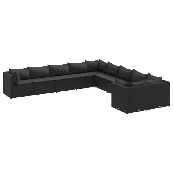 vidaXL 10-dijelni set vrtnih sofa s jastucima crni od poliratana