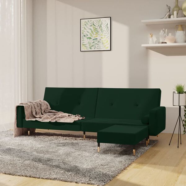 vidaXL Dvosjed na razvlačenje s tabureom tamnozeleni bar&scaron;unasti