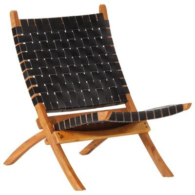 vidaXL Sklopiva stolica za opuštanje crna od prave kože