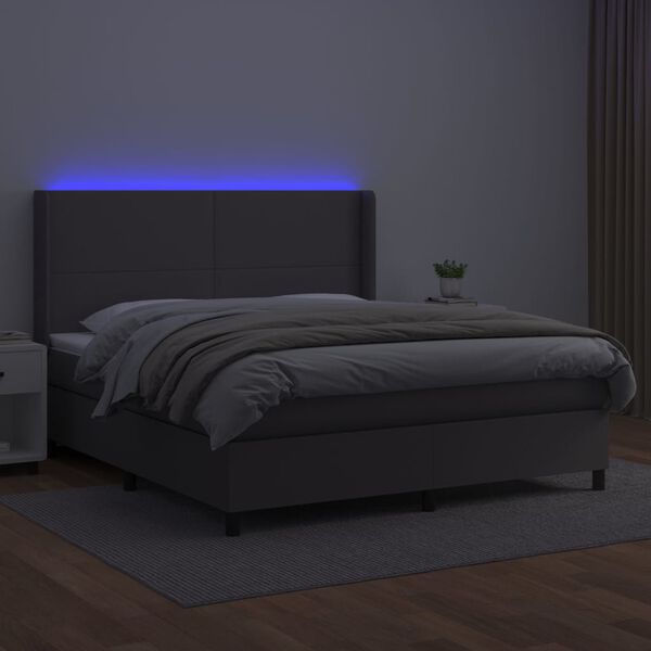 vidaXL Krevet box spring s madracem LED sivi 160x200cm od umjetne kože