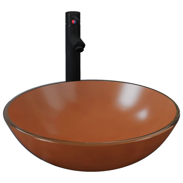 vidaXL Umivaonik sa slavinom i odvodom smeđi od kaljenog stakla