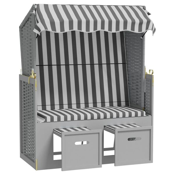 vidaXL Ležaljka za plažu s krovom sivo-bijela od poliratana i drva