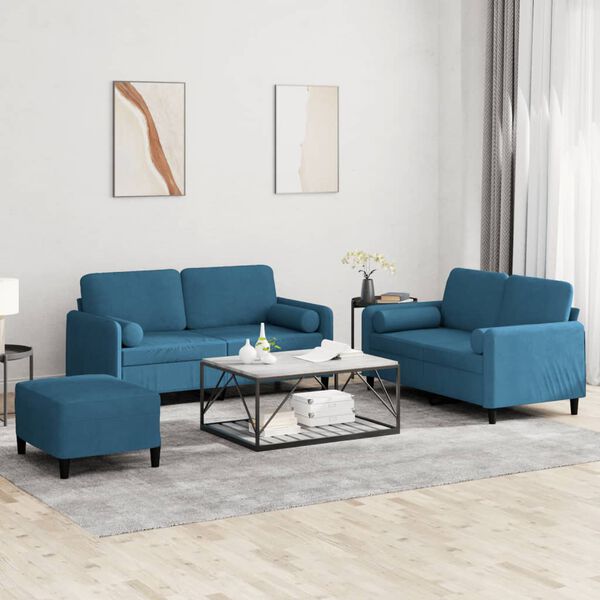 vidaXL 3-dijelni set sofa s jastucima plavi baršunasti