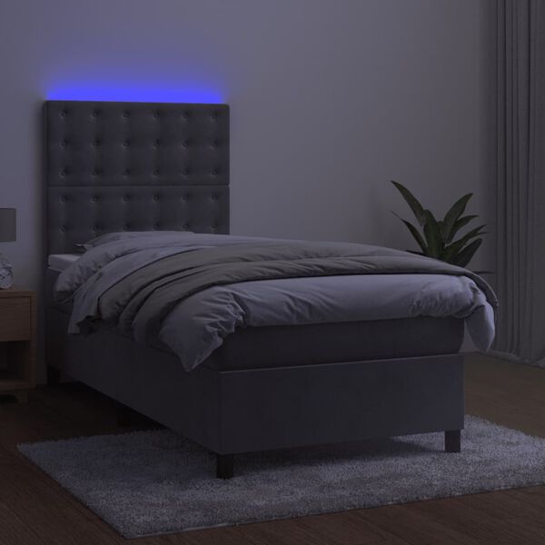 vidaXL Krevet box spring s madracem LED svjetlosivi 90x200 cm bar&scaron;un