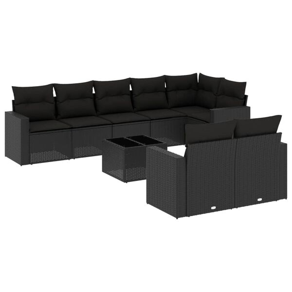 vidaXL 9-dijelni set vrtnih sofa s jastucima crni od poliratana