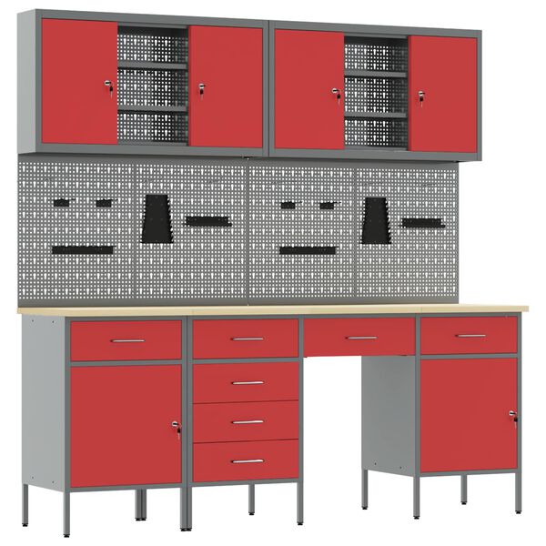 vidaXL Radni ormar s ladicama 10 pcs Crvena Inženjerska drva i čelik