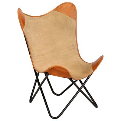 vidaXL Leptir-stolica od prave kože i platna smeđa