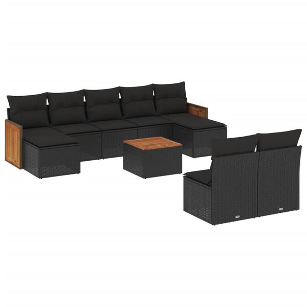 vidaXL 10-dijelni set vrtnih sofa s jastucima crni od poliratana