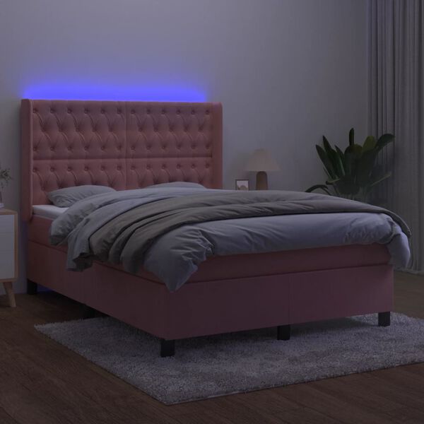 vidaXL Krevet box spring s madracem LED ružičasti 140x190cm bar&scaron;unasti